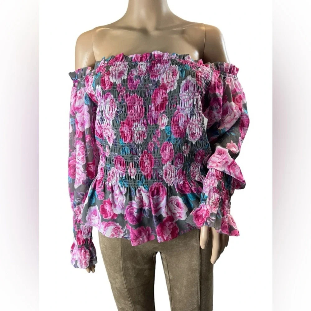Torrid Crinkle Floral Chiffon Smocked Ruffle Off Shoulder Crop Top Blouse Size 1 - Picture 3 of 14